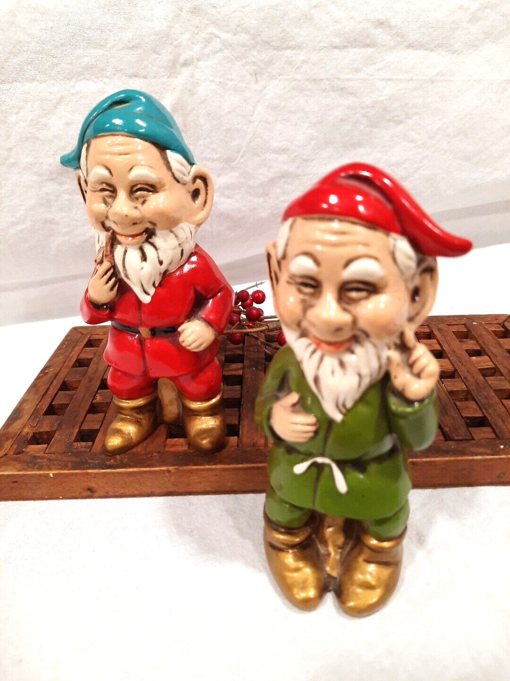 2 Vintage Japan Elf Gnome Paper Mache Figures 5" Figurines MCM Holiday Decor